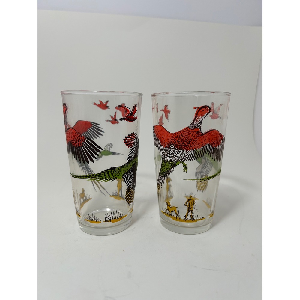 Vintage Hazel Atlas‎ Pheasant Hunting Highball Glasses Set of 2 Mid Century MCM